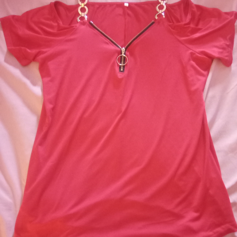 Susenstone Women's Size Large V Neck Zipper Elegant Red Off-Shoulder Top